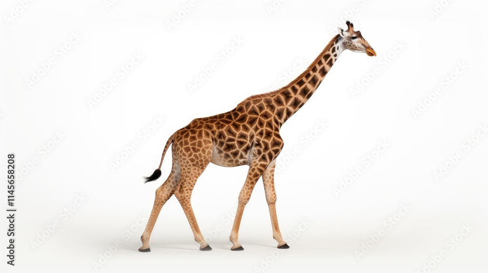 Fototapeta premium Side view of an African giraffe walking gracefully on a clean white background showcasing its distinctive patterns and elegant stature.