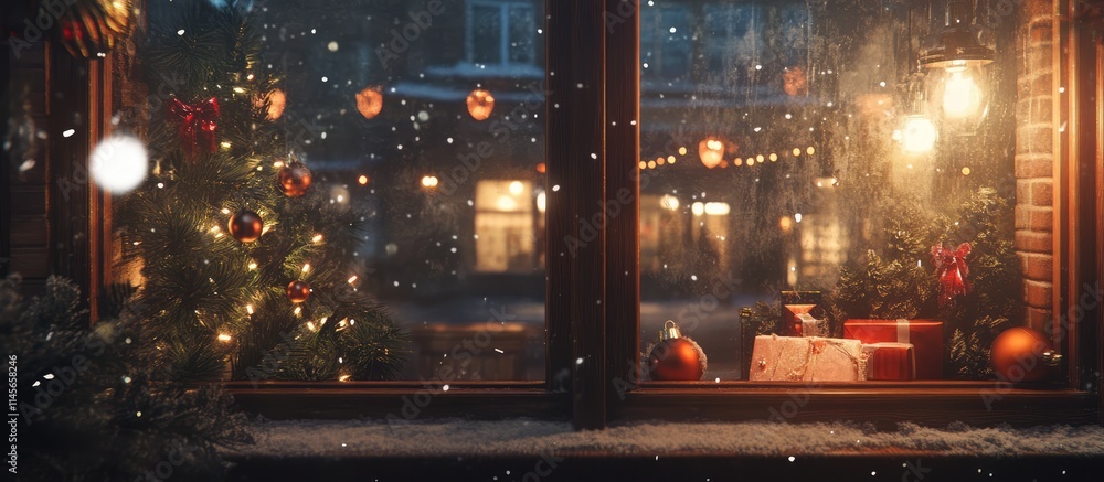 Obraz premium Festive window view decorated for Christmas capturing the enchanting spirit of the holiday season with snow and warm lights
