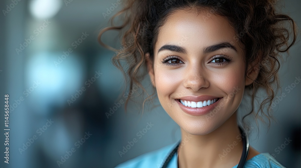A nurse smiles while wearing a stethoscope, representing health, wellness, and healthcare services with affirmative action and equality in medical care. A nurse smiles while wearing a stethoscope, representing health, wellness, and healthcare services with affirmative action and equality in medical care.
