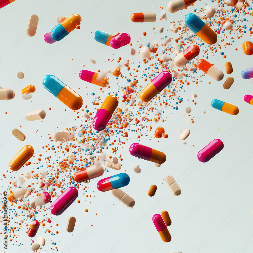 A colorful pill cloud is falling from the sky, with pills of various colors and sizes. Concept of chaos and disorder, as the pills are scattered in all directions A colorful pill cloud is falling from the sky, with pills of various colors and sizes. Concept of chaos and disorder, as the pills are scattered in all directions