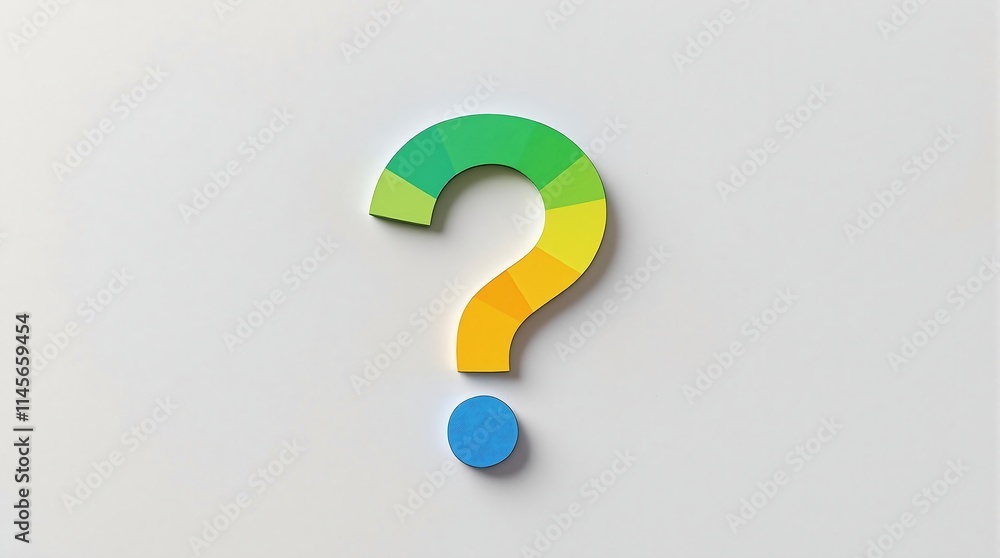 colorful question mark with a gradient from green to yellow to orange, and a blue dot at the bottom, set against a plain white background