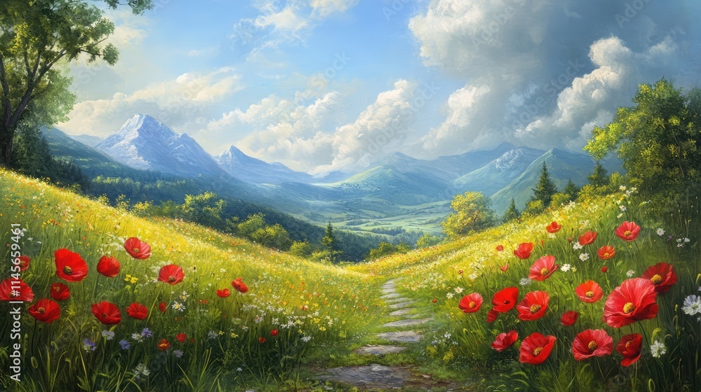 Scenic landscape of a vibrant meadow filled with red poppies under a picturesque sky surrounded by mountains and lush greenery. Scenic landscape of a vibrant meadow filled with red poppies under a picturesque sky surrounded by mountains and lush greenery.