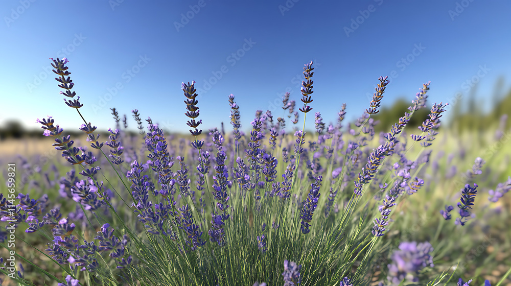Naklejka premium Lavender Field Serenity: A close-up view of a vibrant lavender field under a clear blue sky. The purple blooms create a breathtaking spectacle, capturing the essence of tranquility and natural beauty.