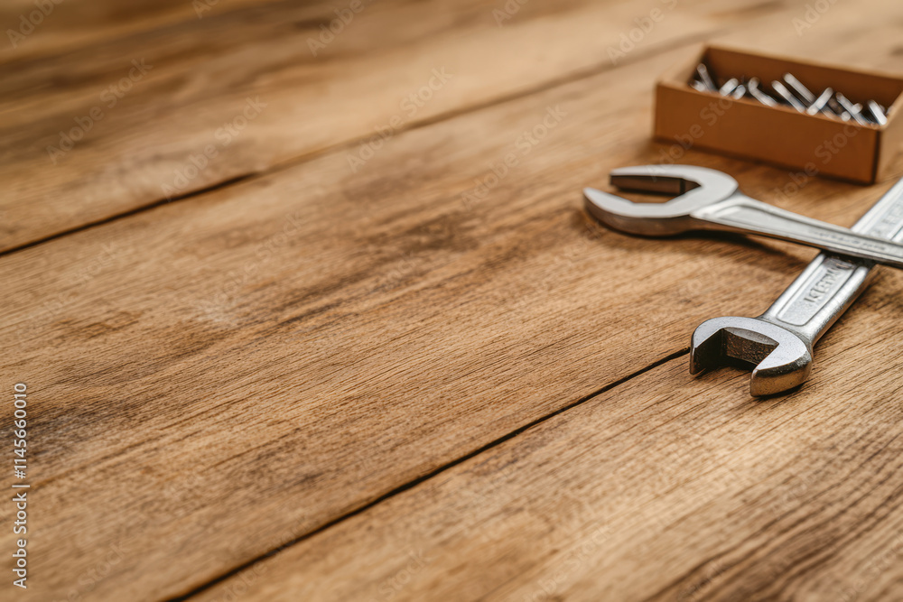 Tools arranged on a wooden surface for home improvement and repair projects Tools arranged on a wooden surface for home improvement and repair projects