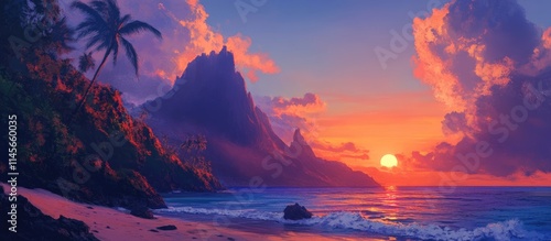 Beautiful sunset over mountains and ocean with palm trees creating a serene tropical landscape at twilight.
