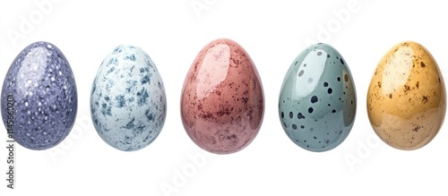 Vibrant assortment of decorative Easter eggs showcasing different colors and patterns arranged on a clean white backdrop