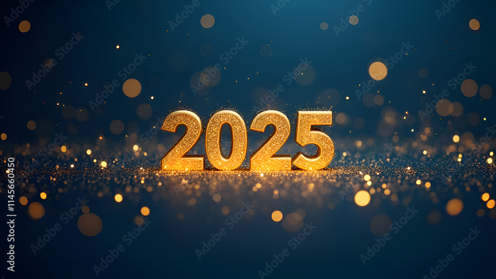 Gold 2025 text on blue and gold lights Bokeh on dark blue abstract background. New year background. Gold 2025 text on blue and gold lights Bokeh on dark blue abstract background. New year background.