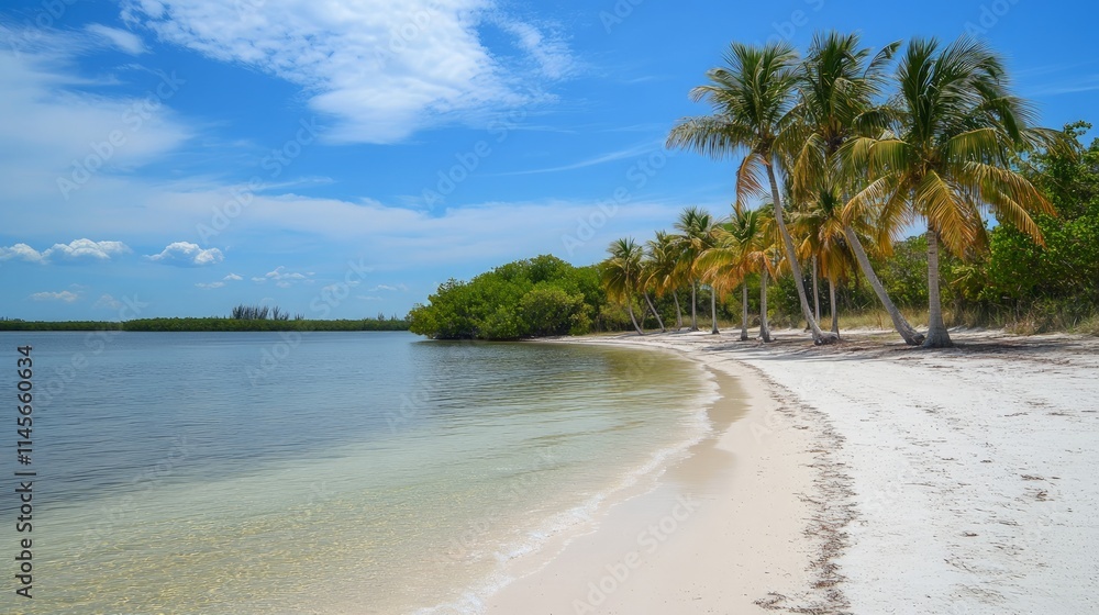 Tranquil Tropical Beach with Clear Water and Lush Greenery Tranquil Tropical Beach with Clear Water and Lush Greenery