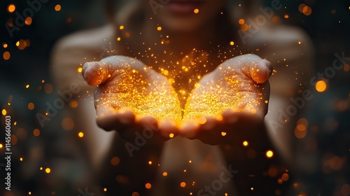 A person holds their hands up to magic light or glitter with bokeh, symbolizing spiritual mindfulness and wellness with mystical gold confetti.