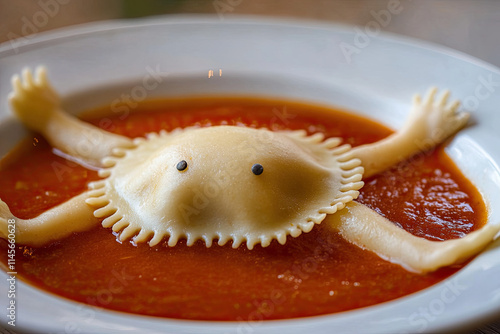 A ravioli with tiny arms and legs, diving into a bowl of tomato sauce like a swimming pool photo