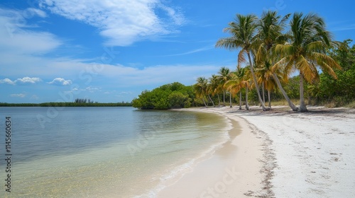 Tranquil Tropical Beach with Clear Water and Lush Greenery