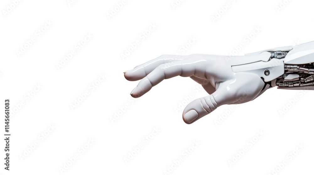 Cyborg robotic hand reaching toward human hand symbolizing connection between technology and humanity on white background Cyborg robotic hand reaching toward human hand symbolizing connection between technology and humanity on white background