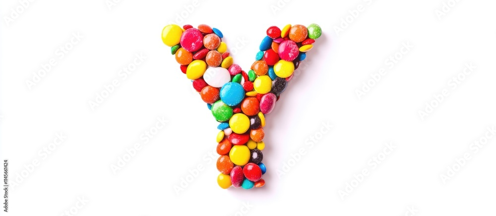 Colorful letter Y crafted from candies and paper cutouts on a white background ideal for festive design and creative projects Colorful letter Y crafted from candies and paper cutouts on a white background ideal for festive design and creative projects