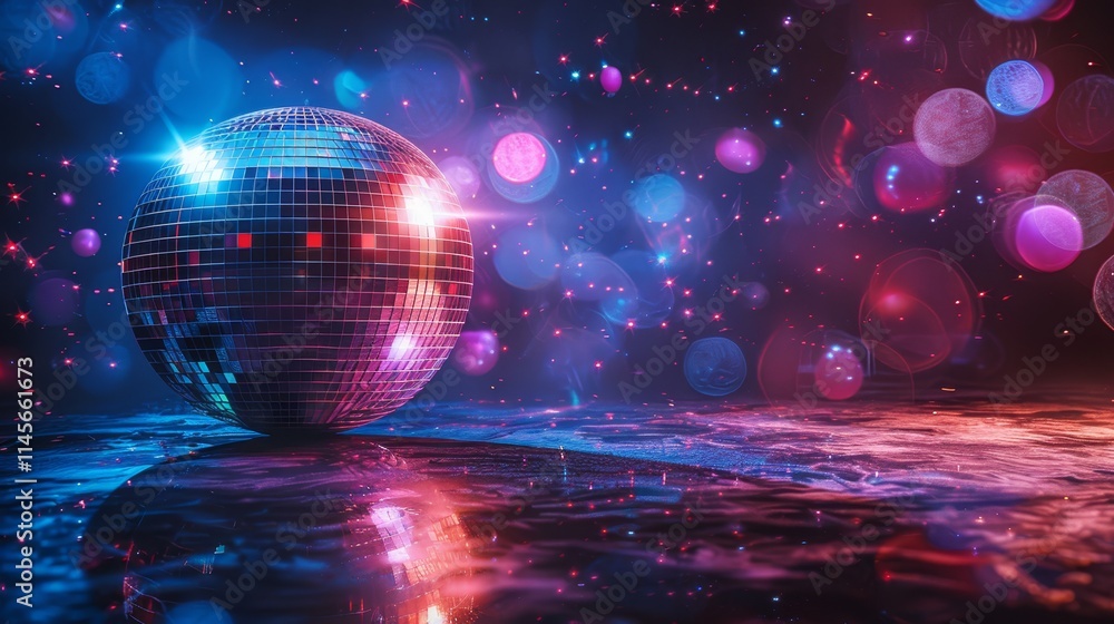Colorful disco ball reflecting lights in a vibrant dance floor during a night party Colorful disco ball reflecting lights in a vibrant dance floor during a night party