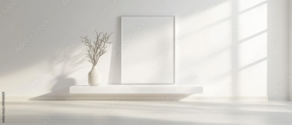A white room with a white shelf and a white vase with flowers on it A white room with a white shelf and a white vase with flowers on it