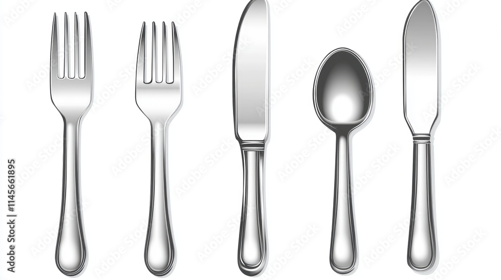 Set of realistic silver cutlery including fork knife and spoon isolated on white background for culinary and dining concepts Set of realistic silver cutlery including fork knife and spoon isolated on white background for culinary and dining concepts