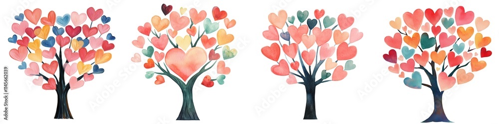 Four whimsical trees with colorful heart-shaped leaves symbolize love and affection, creating a vibrant and cheerful atmosphere.