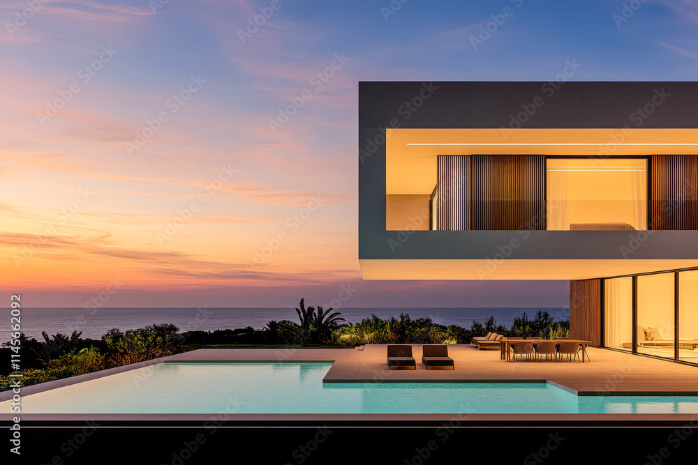 Modern villa at sunset with infinity pool overlooking the ocean Modern villa at sunset with infinity pool overlooking the ocean