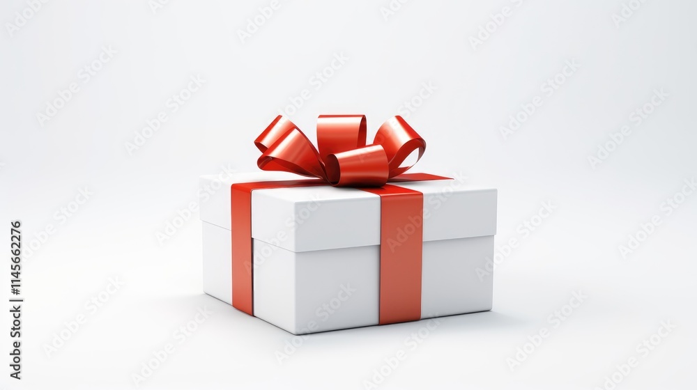 Obraz premium Elegant white gift box with vibrant red ribbon and bow on a minimalist background, perfect for festive and promotional concepts.