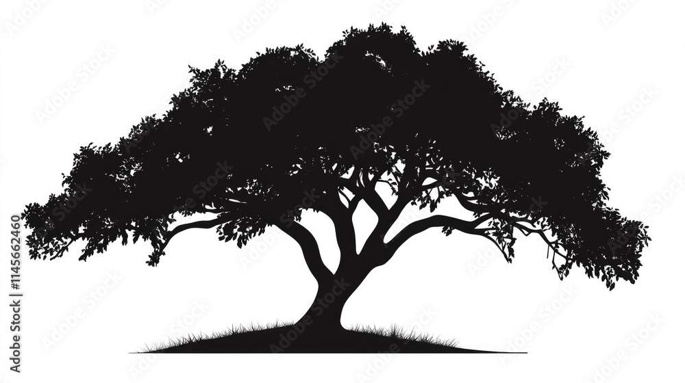 Fototapeta premium Elegant silhouette of a large tree with sprawling branches and lush foliage against a white background for nature-themed designs and concepts.