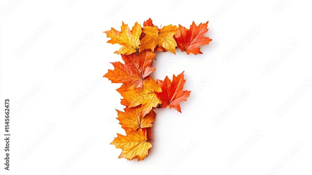 Autumn letter F created from vibrant maple leaves on a clean white background for seasonal and decorative design concepts Autumn letter F created from vibrant maple leaves on a clean white background for seasonal and decorative design concepts