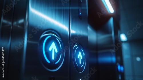 Illuminated elevator buttons indicating upward movement in a modern building at night photo