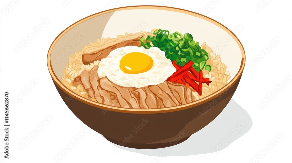 Pork Rice Bowl with Onsen Egg and Fresh Vegetables in a Traditional Japanese Style Dish Pork Rice Bowl with Onsen Egg and Fresh Vegetables in a Traditional Japanese Style Dish