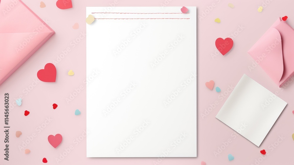 Flat lay design of blank paper note surrounded by colorful hearts and envelopes on a pink background for creative concepts Flat lay design of blank paper note surrounded by colorful hearts and envelopes on a pink background for creative concepts