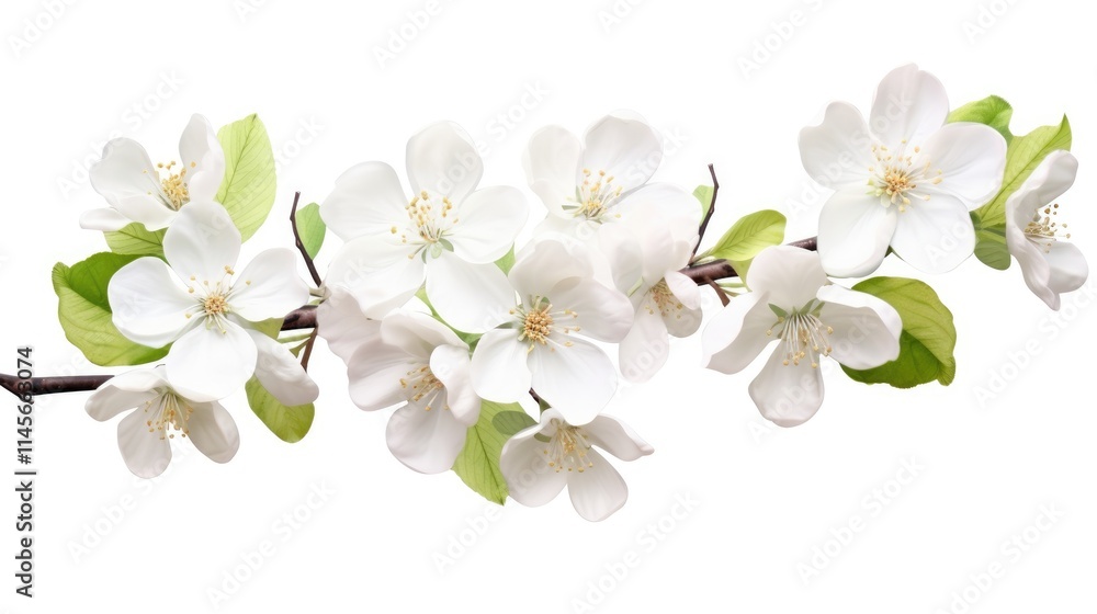 Fototapeta premium White apple blossoms in full bloom isolated on a white background showcasing delicate flowers and lush green leaves on a tree branch.