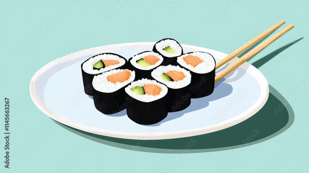 Delicious hand-rolled sushi assorted with fresh ingredients served on a plate with chopsticks on a soft blue background Delicious hand-rolled sushi assorted with fresh ingredients served on a plate with chopsticks on a soft blue background
