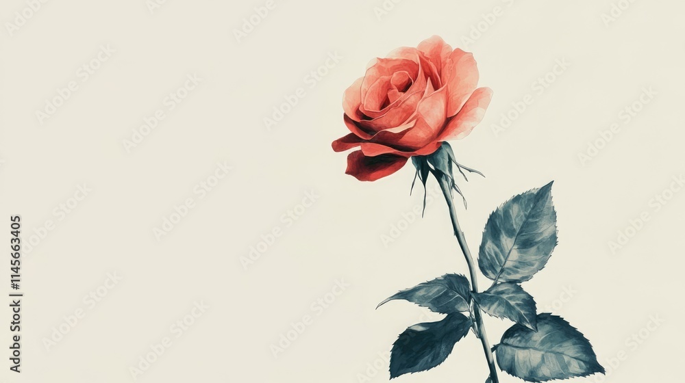 Elegant red rose with green leaves elegantly positioned on a neutral background showcasing its natural beauty and romantic appeal. Elegant red rose with green leaves elegantly positioned on a neutral background showcasing its natural beauty and romantic appeal.