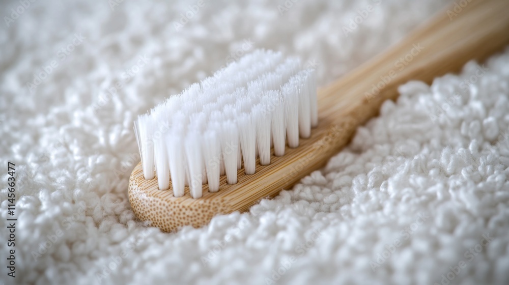 A close-up of a wooden toothbrush resting on a bed of fluffy white material. This image evokes cleanliness and sustainability. Natural products are key to a healthy lifestyle. Generative AI. A close-up of a wooden toothbrush resting on a bed of fluffy white material. This image evokes cleanliness and sustainability. Natural products are key to a healthy lifestyle. Generative AI.
