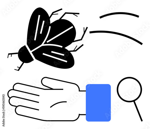 Hand with blue-sleeve, magnifying glass, large fly, and motion lines. Ideal for science, research, entomology, observation curiosity discovery minimalism. Line metaphor