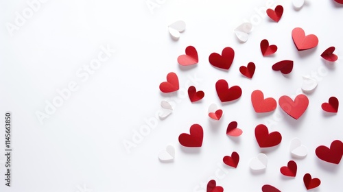 Valentine's Day hearts scattered on a clean white background in vibrant red and soft white hues creating a festive romantic atmosphere