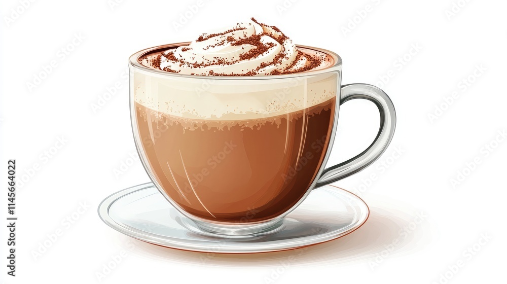 Delicious hot chocolate topped with whipped cream in a clear cup with saucer on white background perfect for winter cozy beverages