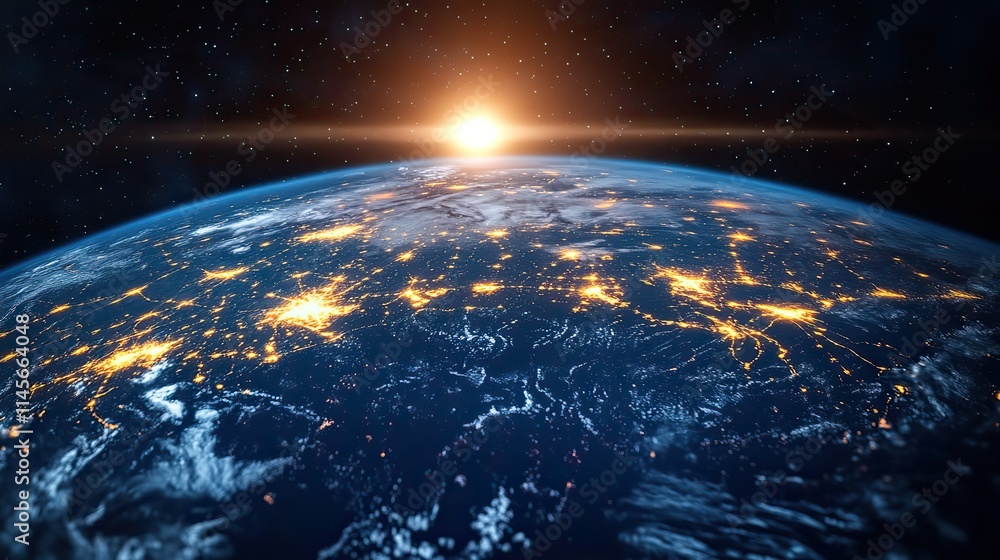 Fototapeta premium A planet with internet networking lines, representing digital connectivity and future technology. The image symbolizes innovation, cybersecurity, and the vastness of cyberspace.