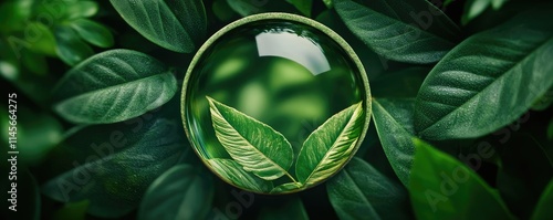 Macro natural idea. A crystal-clear bubble reflects vibrant green leaves, symbolizing nature's essence.