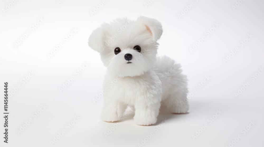 Obraz premium Adorable plush toy dog on a clean white background showcasing its fluffy fur and lifelike features ideal for pet product promotions.