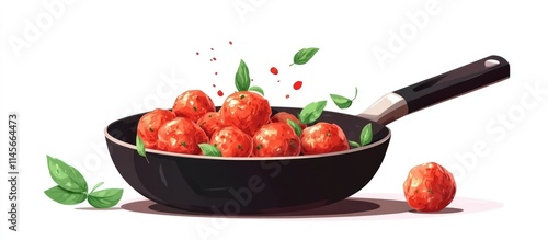 Frying flavorful meatballs in a skillet with fresh herbs and spices for a delicious meal preparation scene photo