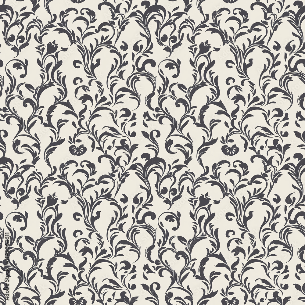 Seamless floral damask pattern with intricate swirling motifs in dark gray on cream background, sophisticated vintage design for decor, generative ai Seamless floral damask pattern with intricate swirling motifs in dark gray on cream background, sophisticated vintage design for decor, generative ai
