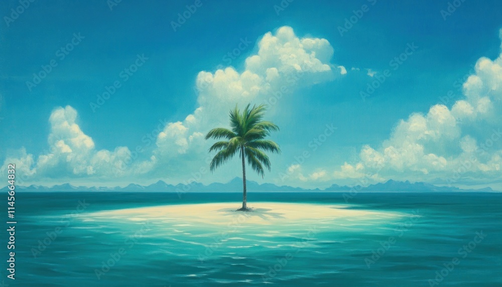 Obraz premium A serene tropical island with a lone palm tree under a bright blue sky and calm waters.