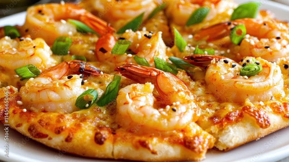 Delicious shrimp pizza served in a cozy restaurant appetizing food photography vibrant atmosphere Delicious shrimp pizza served in a cozy restaurant appetizing food photography vibrant atmosphere