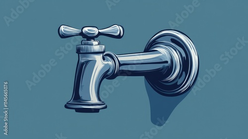 Vintage water tap illustration with fittings highlighting plumbing fixtures and sanitary technical works in a minimalistic design photo