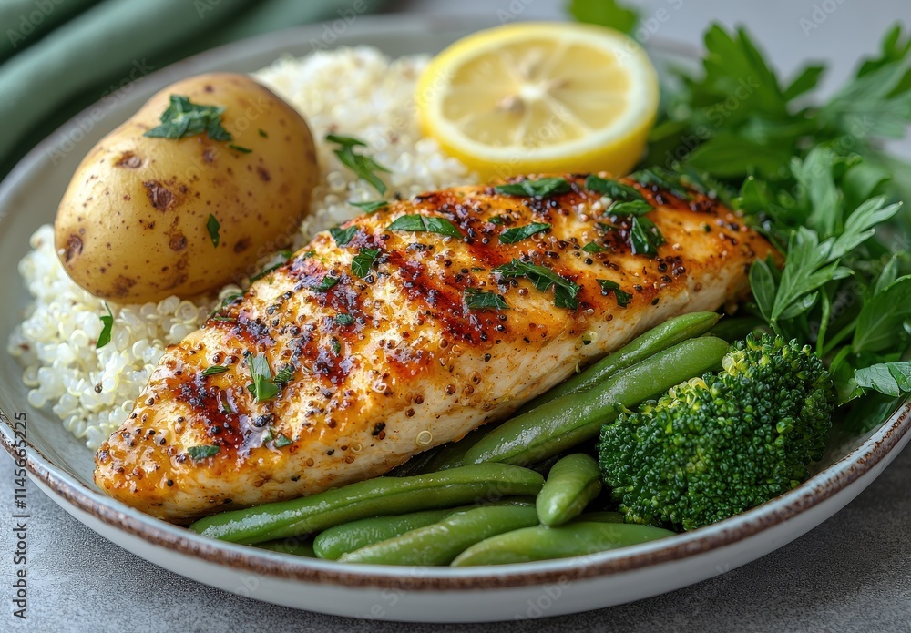 Grilled salmon fillet served with quinoa, roasted potato, green beans, broccoli, lemon, and parsley. Healthy, delicious meal. Grilled salmon fillet served with quinoa, roasted potato, green beans, broccoli, lemon, and parsley. Healthy, delicious meal.