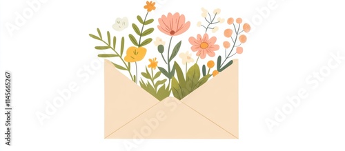 Craft envelope bursting with colorful spring flowers and greenery against a clean white background, symbolizing nature and creativity.