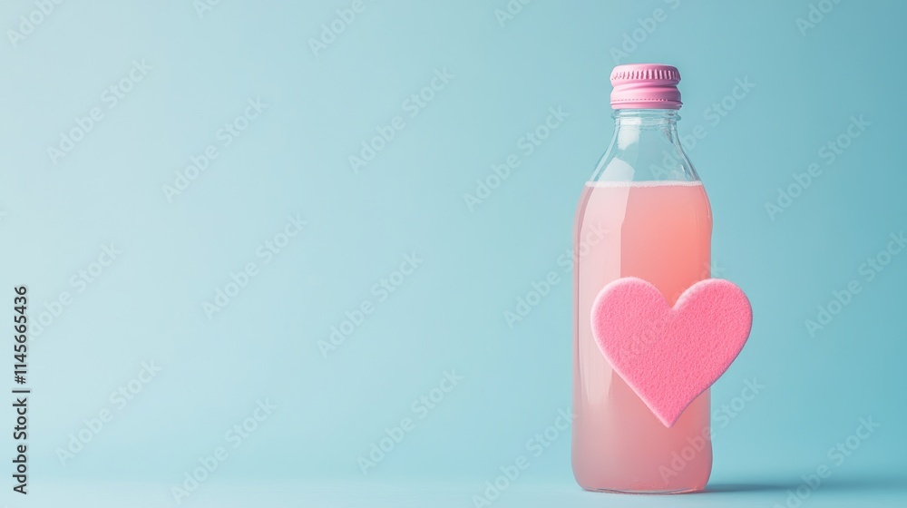 Pink heart attached to a bottle filled with pink drink on a light blue background conveying love and celebration for Valentine's Day Pink heart attached to a bottle filled with pink drink on a light blue background conveying love and celebration for Valentine's Day
