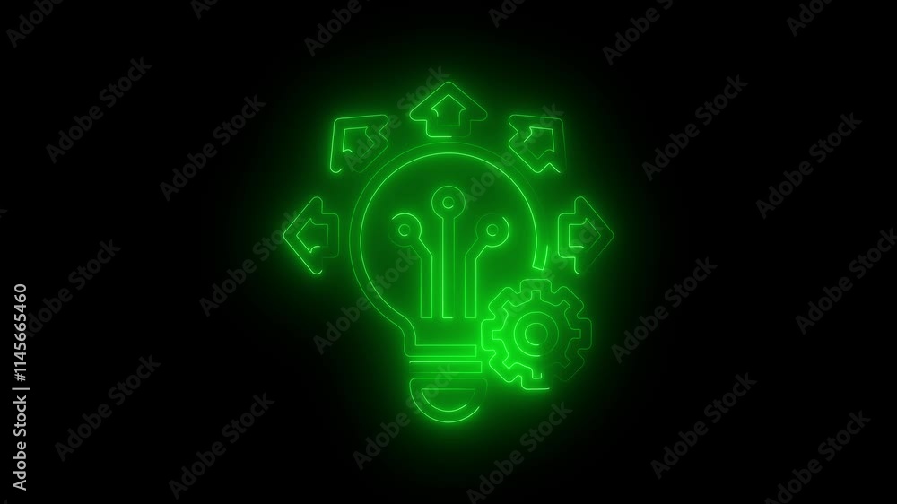 Technology idea icon animation by green color neon on black background. Technology idea icon animation by green color neon on black background.