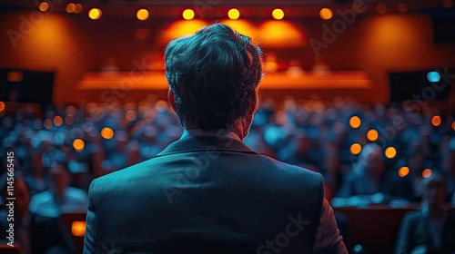 A politician speaks to an audience at a conference or election campaign, engaging in public discussion or debate and calling for action.