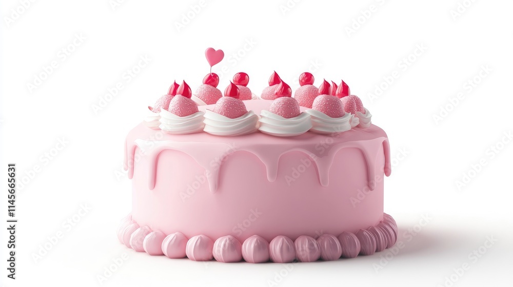 Pink cake with whipped cream and decorative toppings on a white background perfect for celebrations and desserts. Pink cake with whipped cream and decorative toppings on a white background perfect for celebrations and desserts.