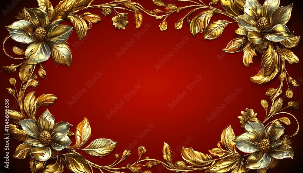 Ornate Gold Floral Frame Red Background Design Ornate Gold Floral Frame Red Background Design